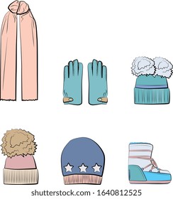 
Vector Set of winter clothes in pastel, pink, blue, beige, green colors. Fur coat, jacket, boots, scarf, hat, bag, gloves. Isolated on white background. Autumn and spring woman cloth