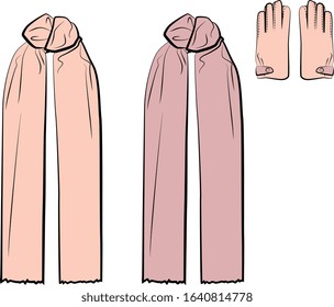 
Vector Set of winter clothes in pastel, pink, blue, beige, green colors. Gloves and scarf. Isolated on white background. Autumn and spring woman cloth