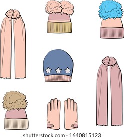 
Vector Set of winter clothes in pastel, pink, blue, beige, green colors. Gloves, scarf, hat. Isolated on white background. Autumn and spring woman cloth