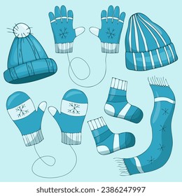 Vector set of winter clothes. Socks, hat, mittens, scarf and gloves.