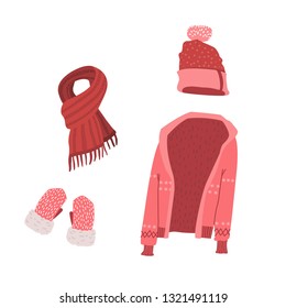 vector set of winter clothes with a sweater, hat, scarf