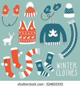 Vector set of winter clothes: sweater, waistcoat, scarfs, hats, mittens, socks. Hand drawing clothes with cute traditional ornaments. 