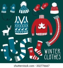Vector set of winter clothes: sweater, waistcoat, scarfs, hats, mittens, socks. Hand drawing clothes with cute traditional ornaments.