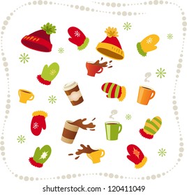 Vector set winter clothing and drinks