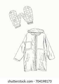 Vector set winter clothing - glove and yellow coat , sketch vector.