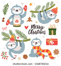 Vector set with winter cute sloths, gift boxes, fir branches and warm clothes. Funny cartoon characters are isolated on white. Christmas kids print with animals and holiday dacoration. Happy New Year.