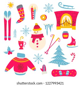 Vector set of Winter elements. Cute cartoon objects about Christmas Holidays. Stickers collection of Happy New Year. Colorful flat objects for Happy Holidays