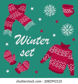 Vector set of winter elements isolated on green background. Red knitted scarf, mittens, sweater, cup, snowflakes.