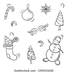 Vector set with winter elements like snowman, candy, mask, Christmas tree, snowflake, ball
