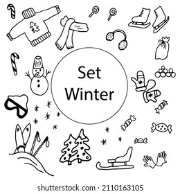Vector set of winter elements. Winter symbols on a transparent background, hand drawn.