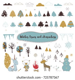 Vector set of winter elements. Trees, snowflakes, characters, decorations. For greeting cards, tags and labels, souvenirs, gifts design, scrapbooking. Part of large Christmas and New Year collection.