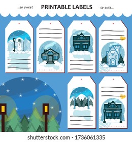 Vector set of winter fabulous labels, gift tags, stickers, bookmarks. Printable design gift cards. Cute festive house, home, cabin, cottage, forest landscape, mountains, snowman, street lamp elements