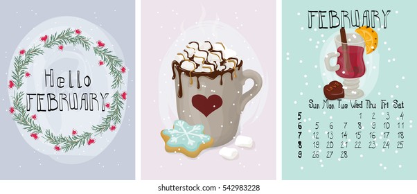Vector set of winter February calendar posters. Collection of Valentine greeting cards. Hand drawn style and hand written lettering. Winter drinks hot chocolate cocoa, champagne, mulled spiced wine.