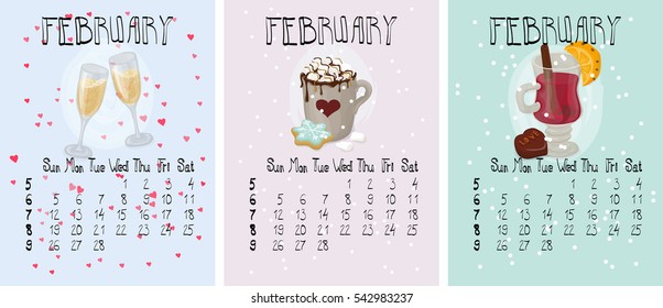 Vector set of winter February calendar posters. Collection of Valentine greeting cards. Hand drawn style and hand written lettering. Winter drinks hot chocolate cocoa, champagne, mulled spiced wine.