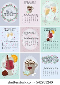 Vector set of winter February calendar posters. Collection of Valentine greeting cards. Hand drawn style and hand written lettering. Winter drinks hot chocolate cocoa, champagne, mulled spiced wine.