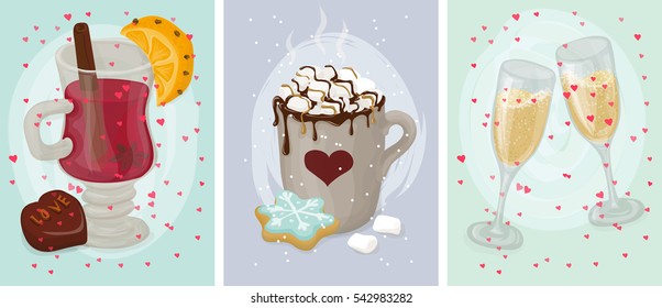 Vector set of winter February calendar posters. Collection of Valentine greeting cards. Hand drawn style and hand written lettering. Winter drinks hot chocolate cocoa, champagne, mulled spiced wine.