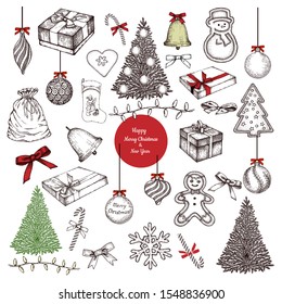 Vector set of winter festive decorative elements. Hand drawn cookies, Christmas balls, Christmas trees, gift boxes, bows, sock for gifts, sweets. Vector illustration isolated on white background.