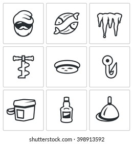 Vector Set of Winter fishing Icons. Fisherman, Fish, Ice Melt, Boer, Hole, Hook, Drawer, Drink, Float. Hobbies man on winter lake. Isolated symbols on a white background