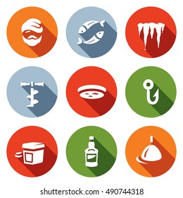 Vector Set of Winter fishing Icons. Fisherman, Fish, Ice Melt, Boer, Hole, Hook, Drawer, Drink, Float.