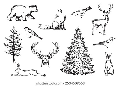 Vector set of winter forest animals and trees. Vintage collection
