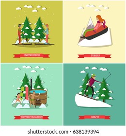 Vector set of winter fun posters. Ski instructor, Tubing flat style design elements.