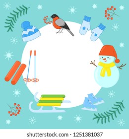 Vector set of winter games for Christmas holidays: snowman, sled, ski, hat, scarf, mittens skates, bullfinches, snowflakes, mountain ash, branches on blue background, with copy space