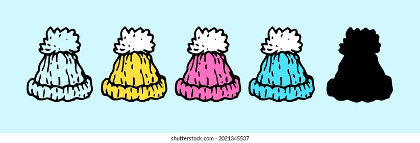 Vector set of winter hats in bright colors, pink, blue and white with a pompom. a doodle-style headdress for the winter season has an isolated outline and a black silhouette on a blue background 