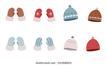 vector set with winter hats and mittens