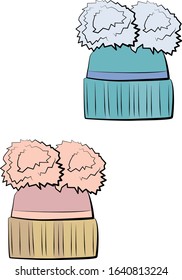 
Vector Set of winter hats in pastel, pink, blue, beige, green colors. Fur hat. Isolated on white background. Autumn and spring woman cloth