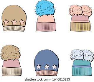 
Vector Set of winter hats in pastel, pink, blue, beige, green colors. Fur hat. Isolated on white background. Autumn and spring woman cloth