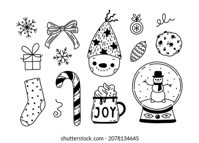 Vector set with winter holiday elements. Hand drawn doodle decorations isolated on white. Cute Christmas symbols - snowman, hot drink, stocking, snow globe, candy cane.
