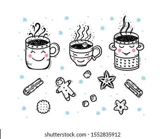 Vector Set of Winter Hot Drinks and Sweets. Cozy Cute Mugs with Beverages Mulled Wine, Coffee or Tea, Cocoa and Gingerbread Cookies, Marshmallow. Winter Holidays, Christmas and New Year Design