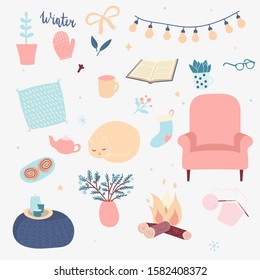 Vector set of winter hygge elements. Isolated on white background. Scandinavian style. Cozy home things. Sleeping cat, soft chair, knitting