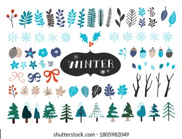 Vektorset der Wintersymbole. Schneeflocken, Bäume, Nadelhölzer und Blätter. Flacher Cartoon bunter Vektorgrafik.