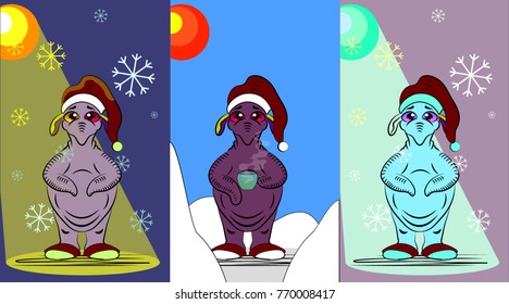 Vector set of winter illustration: fantastic creature in winter hat with cup of tea wayting for cristmas holydays; cartoon monster with hot drink.