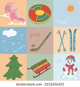 Vector set of winter illustrations in the doodle style - sledges, skis, snowman, Christmas tree, tubing, snowflakes, cloud, sun, hockey stick and puck, skates.