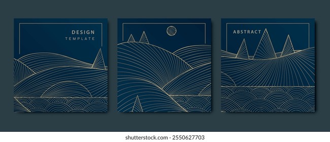 Vector set of winter landscape line cards, line japanese style hills and christmas trees patterns. Night cold scene, gold on blue illustrations