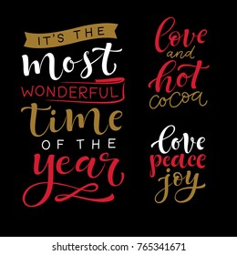 Vector set of winter lettering. Holidays calligraphy for invitation and greeting card, prints and posters. Hand drawn typographic inscription, calligraphic design