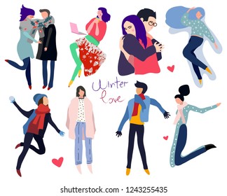 Vector set. Winter love. Different people in the winter time. Transparent background. All elements are isolated