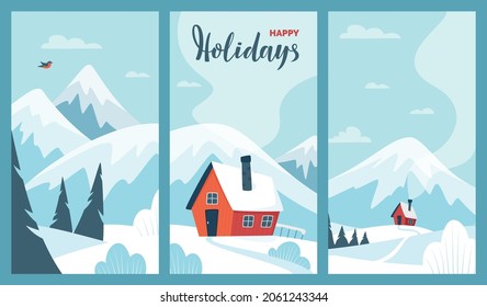 Vector set of Winter Mountains landscape. Winter houses, pines and hills. For banners, posters, cover design templates, social media stories wallpapers. Vector illustration.
