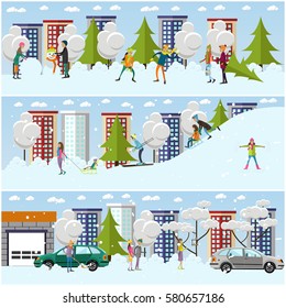 Vector set of winter people activities concept design elements in flat style. Characters sledding, playing snowballs, making snowman and snow angel, clearing car from snow, shopping. Winter cityscape.