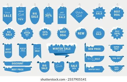 Vector set of winter sale labels and badges with snow. Includes a collection of sale, discount, and special offer labels. Vector illustration