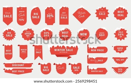 Vector set of winter sale labels and badges with snow. Includes a collection of sale, discount, and special offer labels. Vector illustration