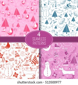 Vector set of winter seamless pattern. Perfect for greeting cards, postcards,wrapping paper texture, silhouette.Christmas holiday patterns.