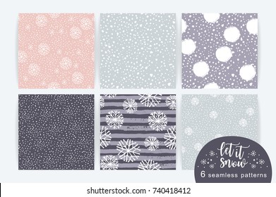 Vector set of winter seamless pattern with snow and snowflakes. Trendy hand drawn texture. Design for textile, wall art, wrapping paper, wallpaper and other uses.