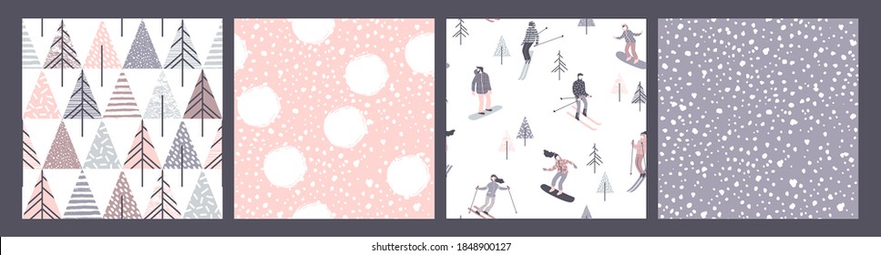 Vector set of winter seamless patterns with snow, skiers and snowboarders. Trendy hand drawn texture. Design for textile, wall art, wrapping paper, wallpaper and other uses.