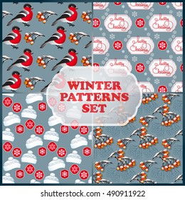 Vector set of winter seamless patterns. Include bullfinch, hat, snowflake, rowan branches and handwritten words Merry Christmas.  Template for your design.