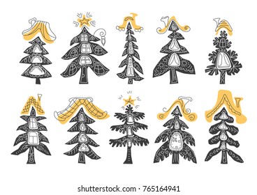 Vector set of winter season Christmas day in forest with stylized paper christmas tree Modern art style Flat collection decorated of golden star Illustration of happy new year on white background