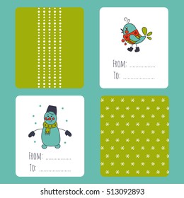 Vector set of winter small card templates. Collection for Christmas and New Year holidays. For greeting cards, brochures, tags and labels, souvenirs, gifts decoration and sales design, scrapbooking.
