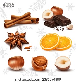 Vector set of winter spices isolated on white background. Cinnamon sticks and star anise. Dark chocolate with hazelnuts. 3D realistic food illustrations for design